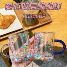 双层彩色爱心流沙星星亮片玻璃杯少女星空杯双层咖啡杯牛奶双层杯