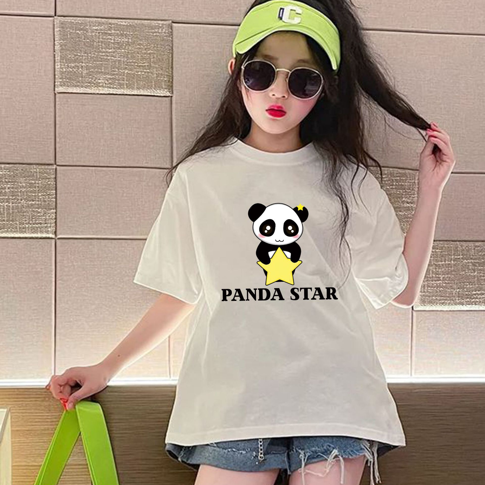 跨境纯棉可爱熊猫T恤个性中国风黑白熊猫印花短袖圆领男女童装T恤