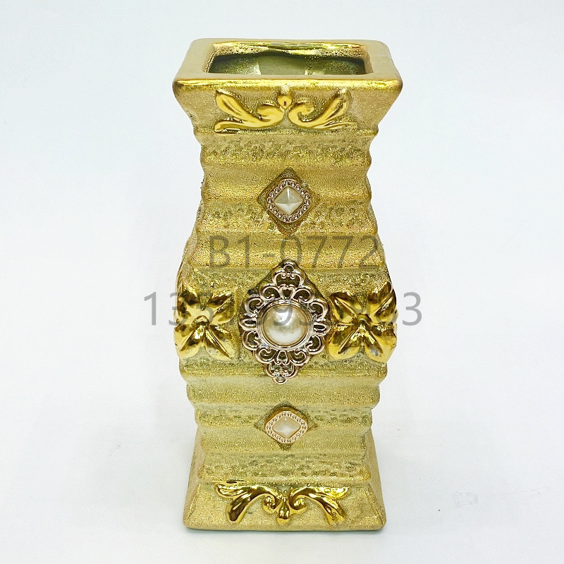 Sandy Gold Inlaid Beads Ceramic Vase 10-Inch 25cm Light Luxury Flower Pot Living Room Home Ornaments Flower Pot Crafts