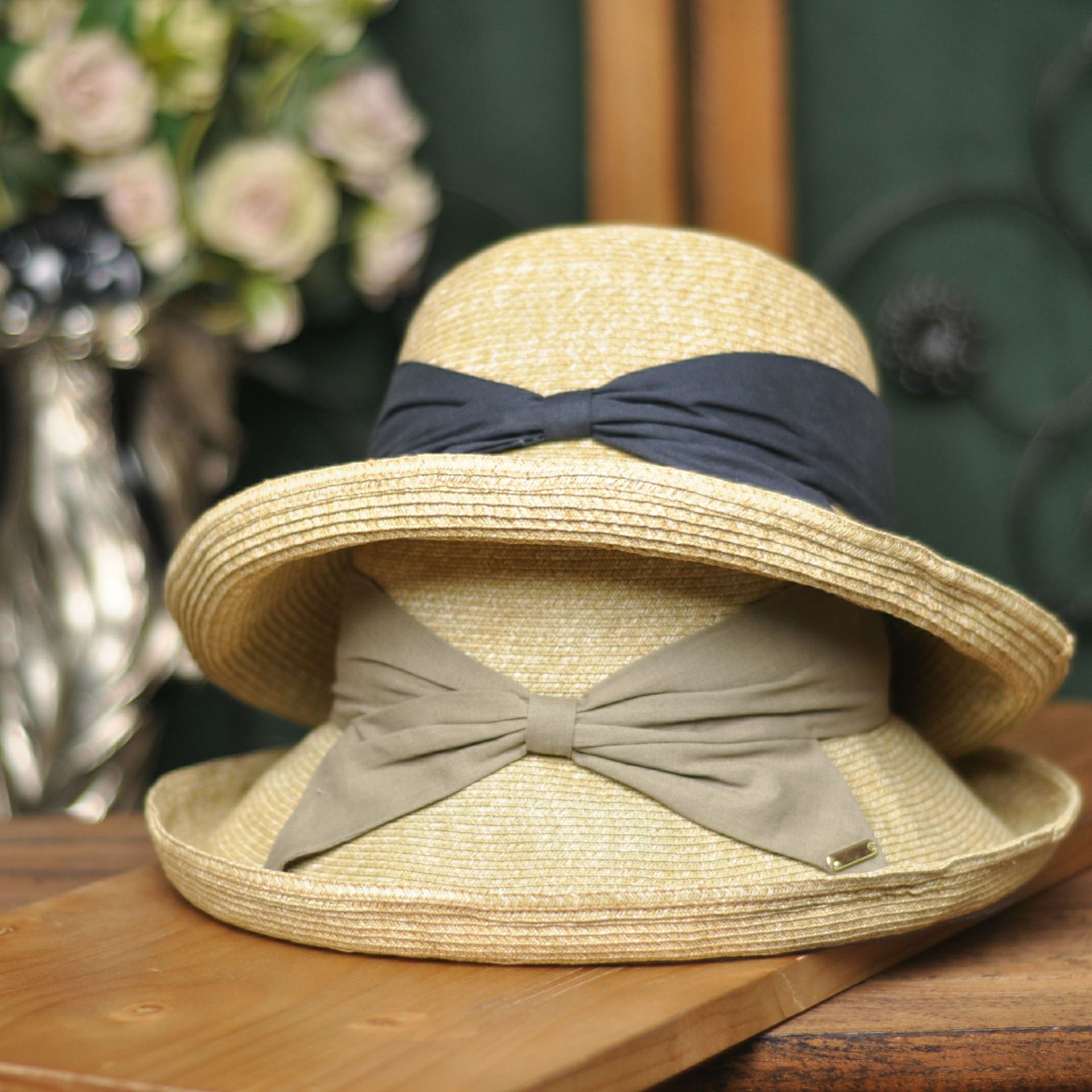 帽子夏季女出口日本订单防水蜡大蝴蝶结大帽檐太阳帽折叠纸帽子