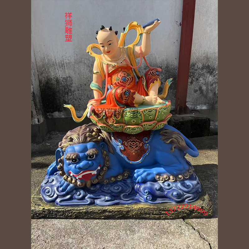 祥狮纯铜彩绘五髻文殊童子坐骑青狮五台儒童妙吉祥菩萨文殊童子