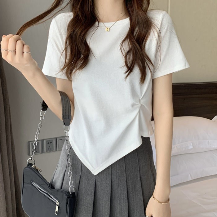 圆领百搭时尚不规则短袖t恤女装夏季新款韩版ins设计感纯色上衣潮