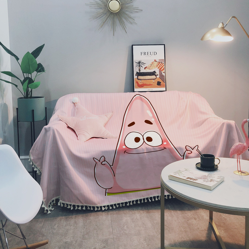 亚马逊爆款可爱少女心粉色派大星海绵宝宝沙发垫仿麻加厚防滑盖布