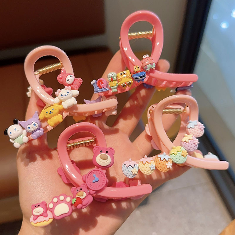 Children's Cute Cartoon Grip Girl's Back Head Strawberry Bear Sanrio Hair Claw Sponge Baby Shark Clip Hair Accessories