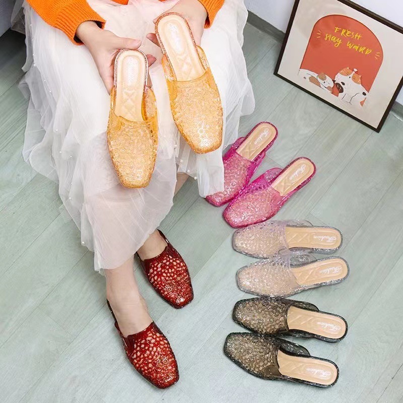 Slippers Female Summer New Korean Style Thick Heel Crystal Closed Toe Home Indoor and Outdoor Slip-Resistant Comfortable Wedge Women's Sandals