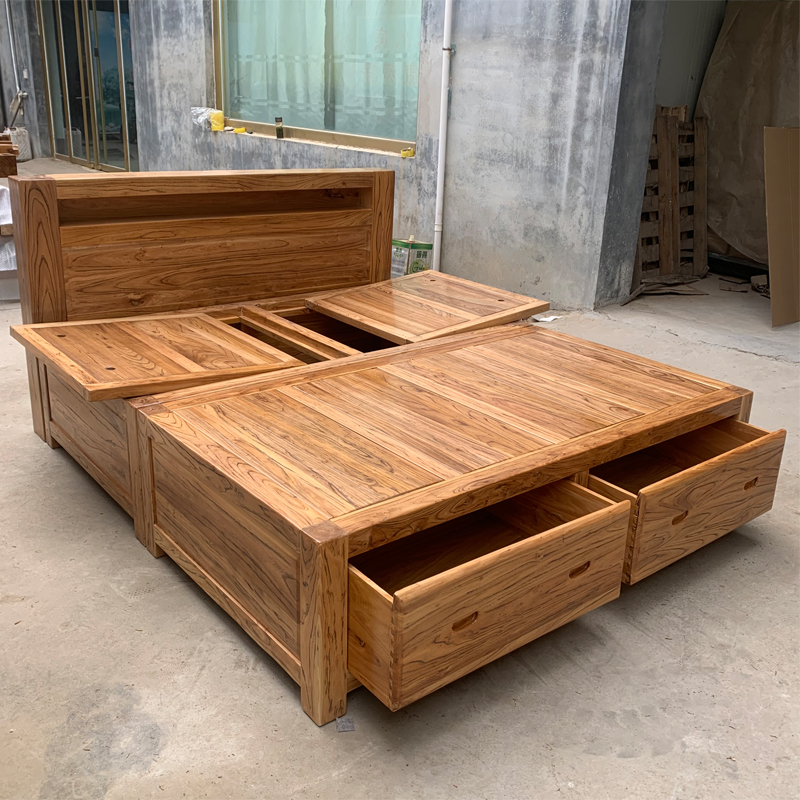 il全纯实木储物箱床单双人床结实简约高箱床老榆木大床1.81.51.