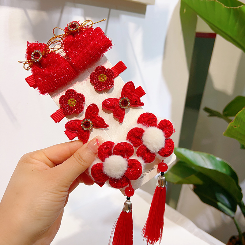 Girls' Hair Accessories New Year Red Fringed Headwear New Year Festive Hanfu Barrettes Bow Fu Character Hairpin