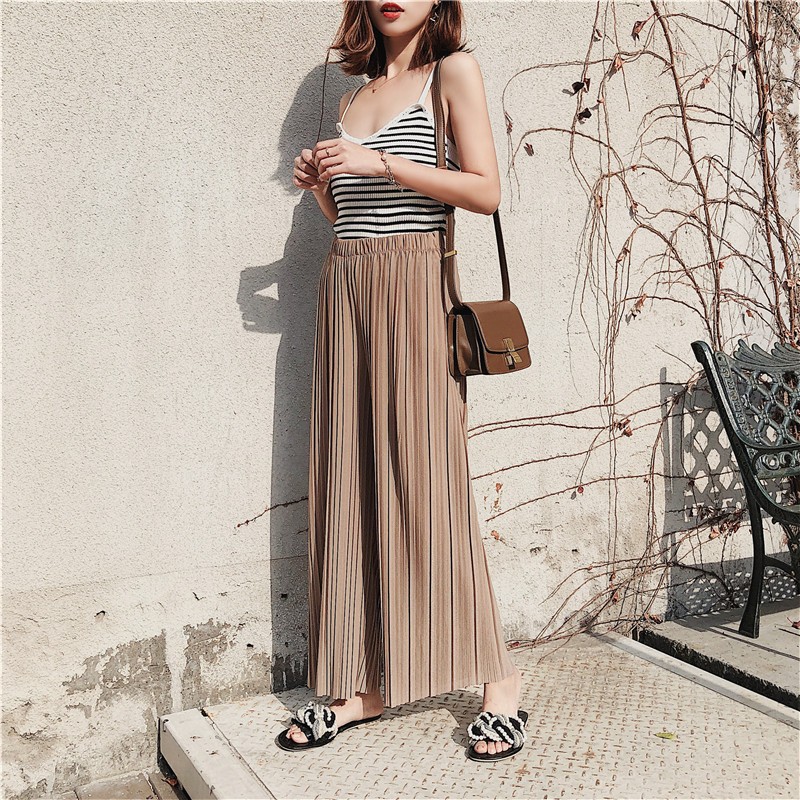 Korean Style 2020 Summer New High Waist Pleated Chiffon Wide-Leg Pants Women's Spring and Summer Cropped Student Hong Kong Style Loose Women Clothes