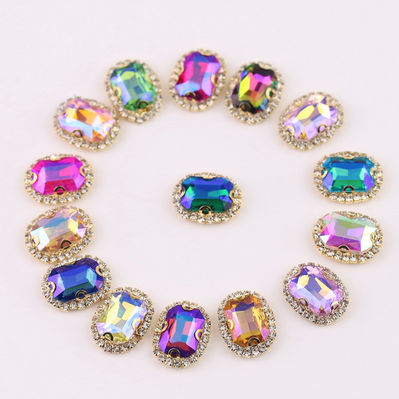 Rectangular Octagonal Glass AB Colorful Crystals Buckle Claw Chain Surrounding Border Four Holes Hand Sewing Drill Decorative Diamond DIY Clothing Accessories Wholesale