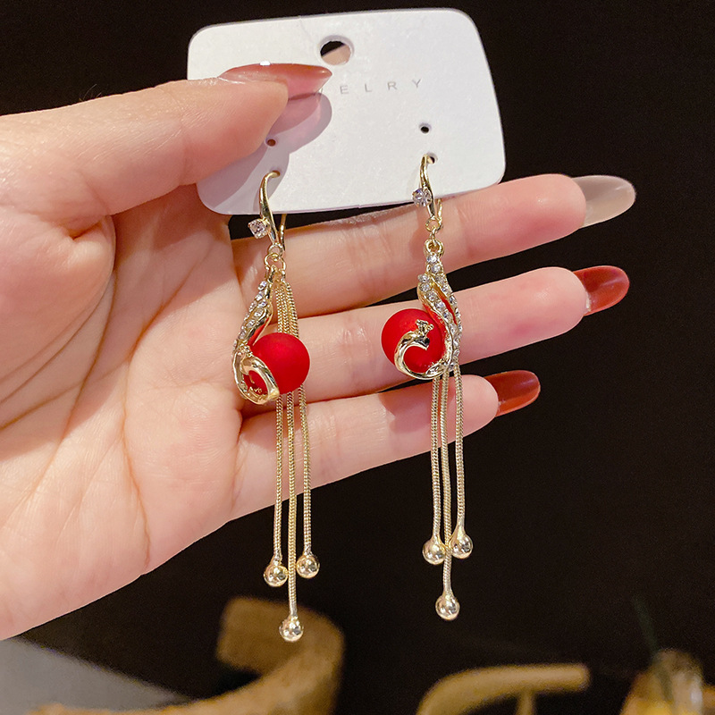 New Trendy Red Peacock Tassel Earrings Earrings Internet Influencer Long Temperament Personalied Eardrops Women