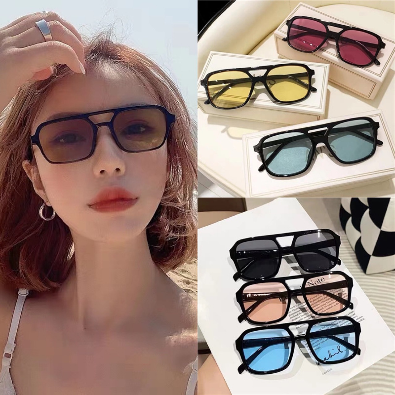 Cross-Border Square Double Beam Sunglasses Korean Style Vintage with Large Rims Pilot Glasses Ocean Lens Multi-Color Sunglasses Wholesale