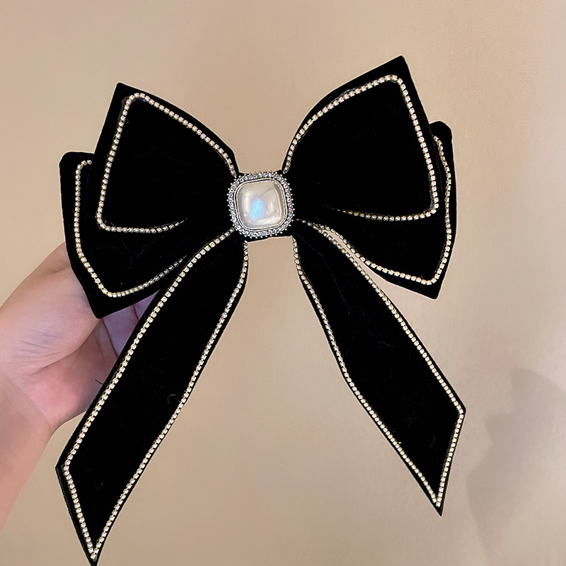 复古优雅黑色蝴蝶结发夹弹簧夹韩国新款后脑勺珍珠水钻顶夹发饰女
