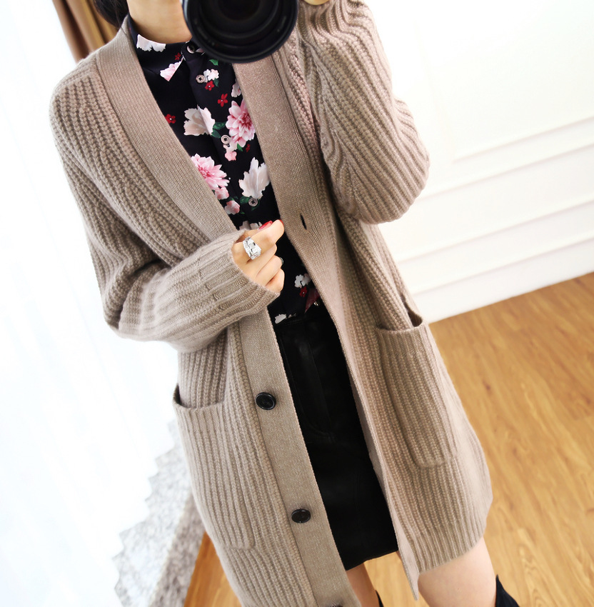 开衫毛衣外套女2019新款中长款韩版宽松大码带兜网红春秋款针织衫