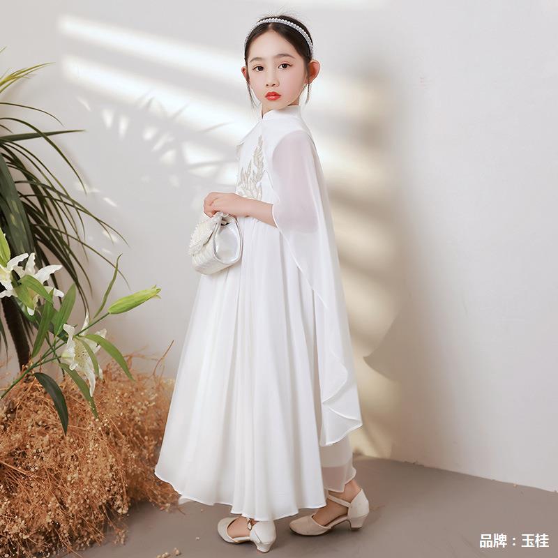女童古筝演出服装大童儿童白色旗袍中国风演奏朗诵比赛合唱表演夏