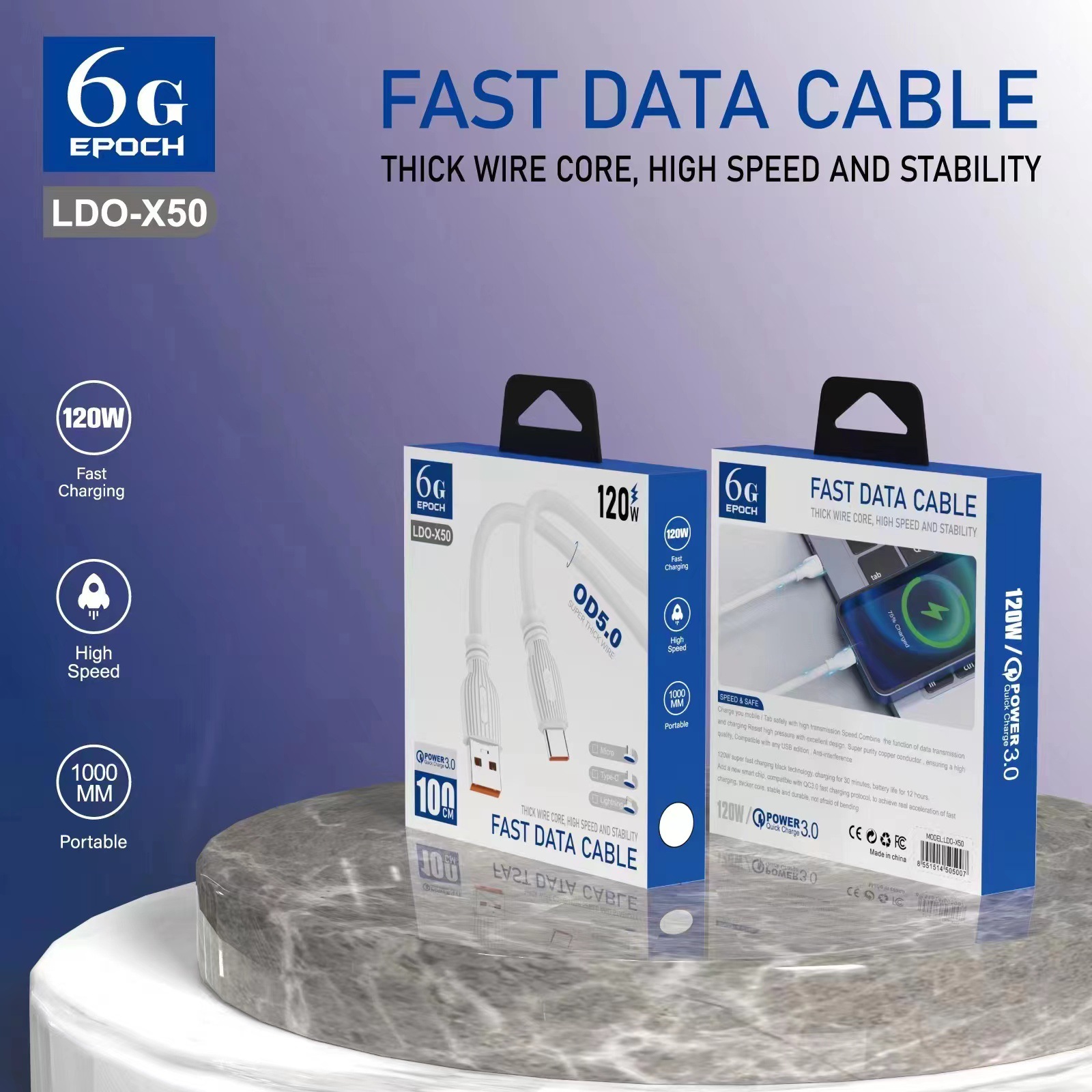 LDO-X50 New PVC Fast Charge Data Cable Support I5 Android TC Smartphone Qc3.0 Delivery Supported