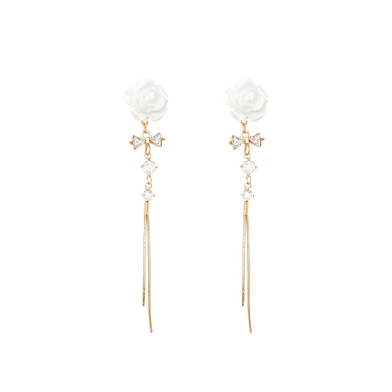 White Rose Tassel Bow Earrings Women's Light Luxury High-Grade Earrings 2023 New Fashion Temperament Personalized Ear Jewelry