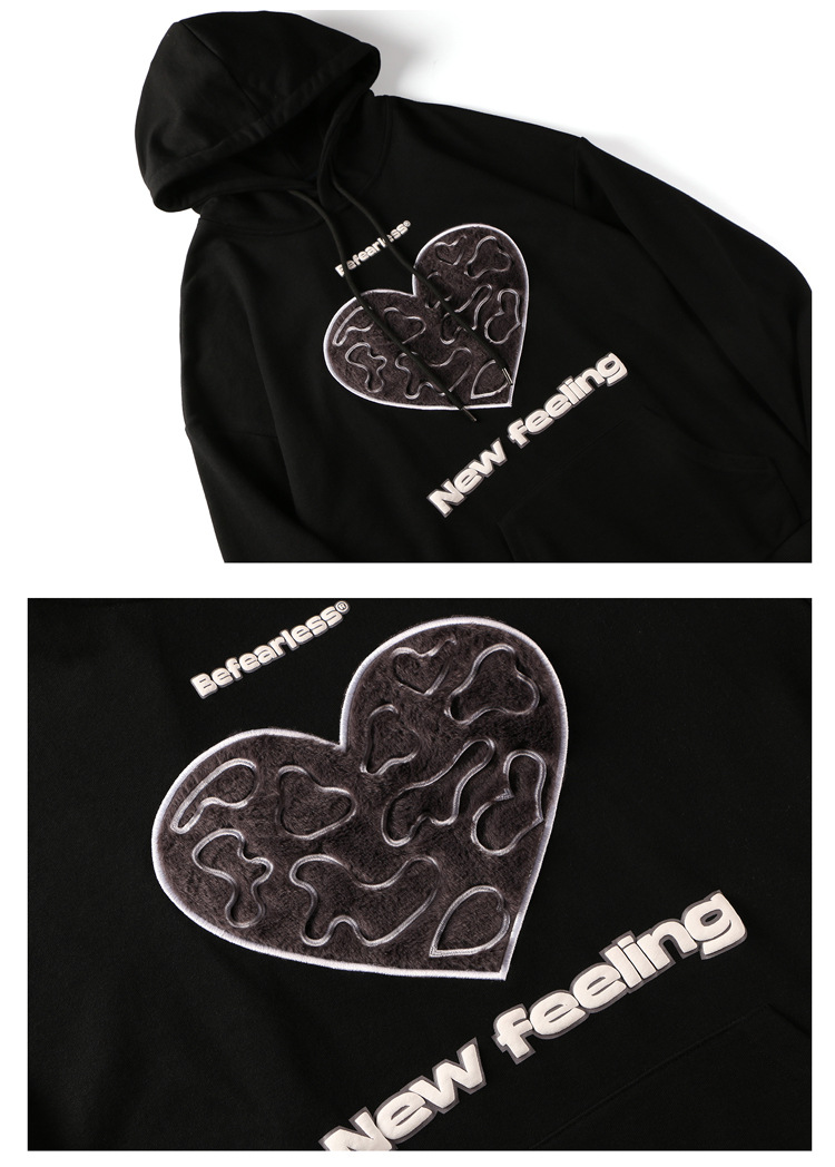 befearless潮牌毛绒刺绣爱心字母发泡卫衣男ins复古宽松情侣外套