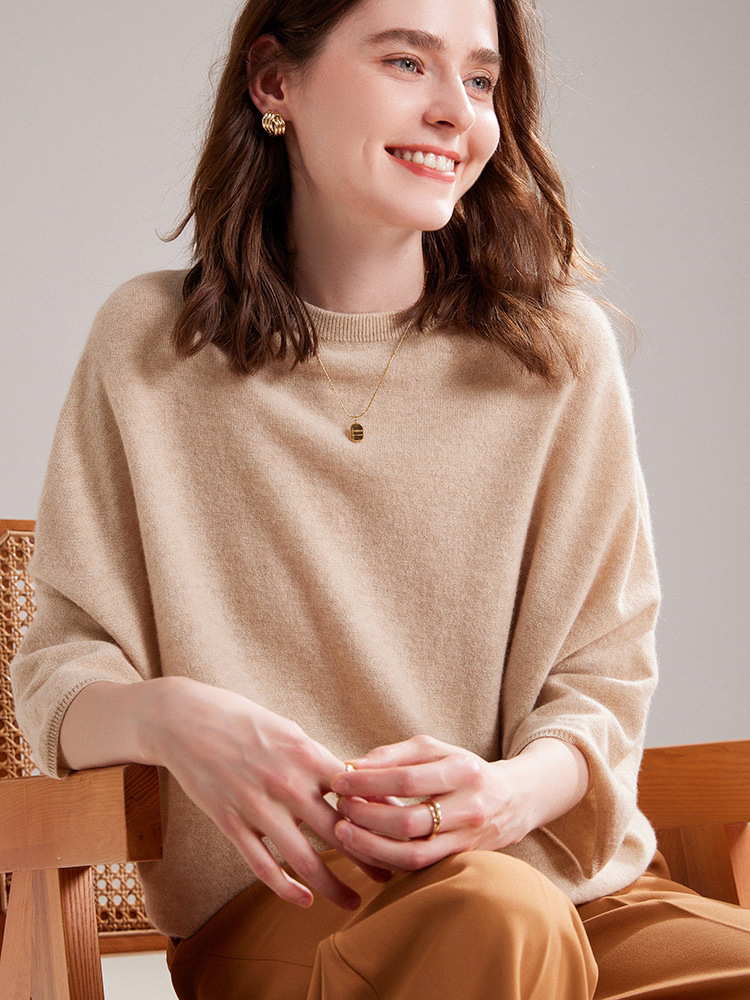 2023秋冬新款女圆领纯羊绒慵懒落肩7分袖针织山羊绒衫-阿里巴巴