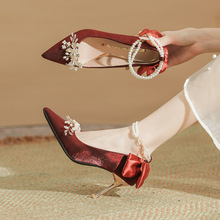Z30-856-K4花朵酒红色绸缎高级感尖头单鞋高跟鞋女春季新款伴娘鞋