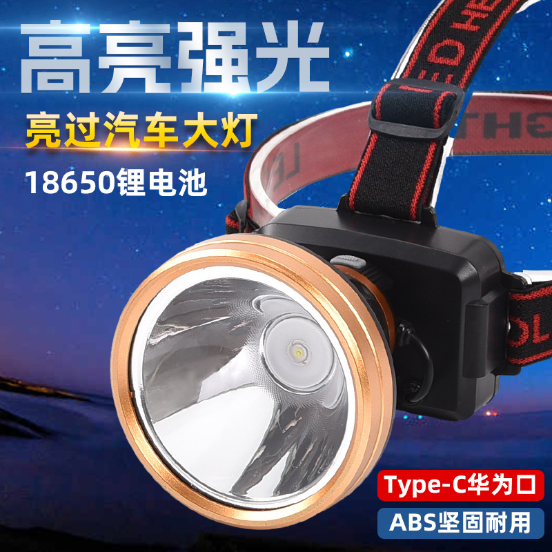 新款跨境长续航巡逻铝光杯强光头戴式手电筒户外徒步露营充电头灯