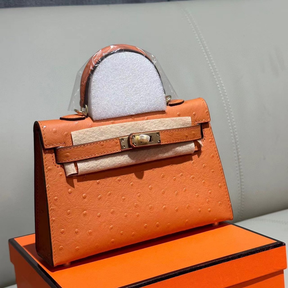 新款真皮女包头层牛皮鸵鸟纹凯莉包二代21cm 斜挎单肩小包手提包