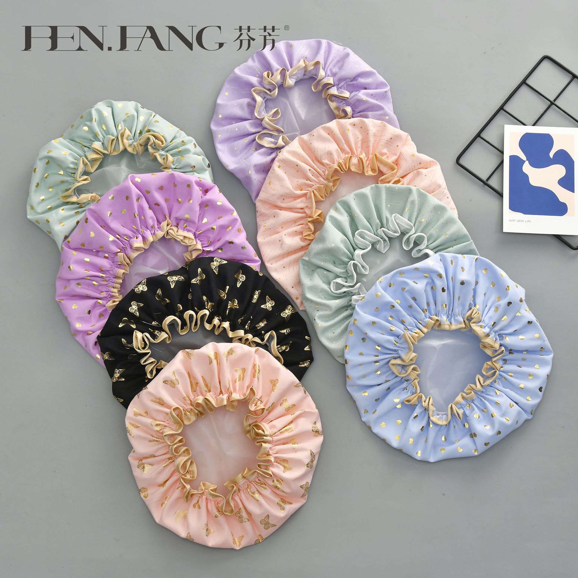 Double-Layer Waterproof Bronzing Printed Shower Cap Polyester Cotton PEVA Shower Cap Bath Toupee Cross-Border Wholesale