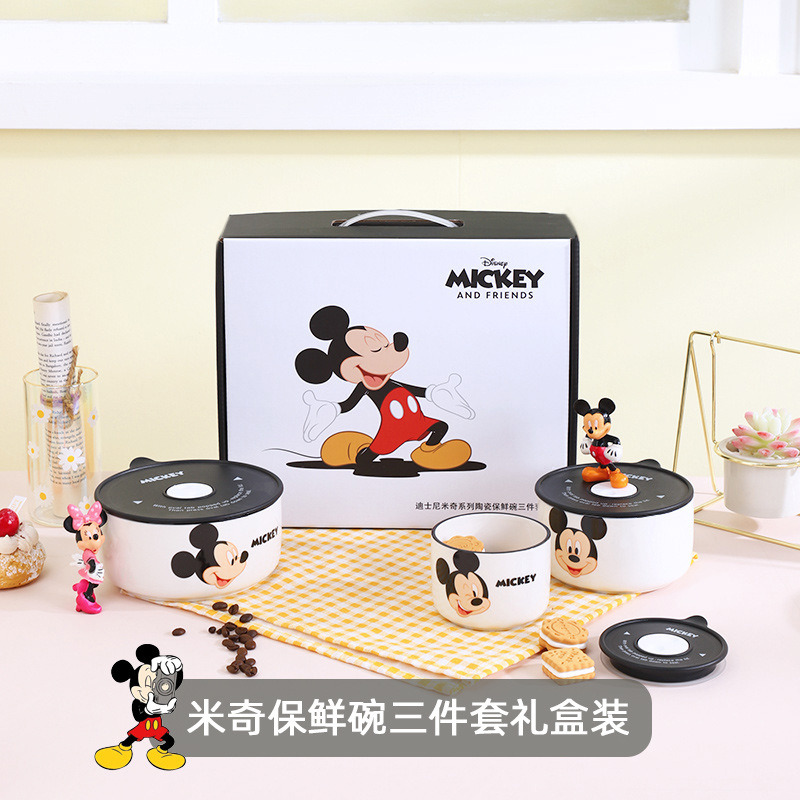 Disney Ceramic Freshness Bowl Gift Box Wholesale Fresh-Keeping Box with Lid Three-Piece Tableware Hand Companion Gift Set