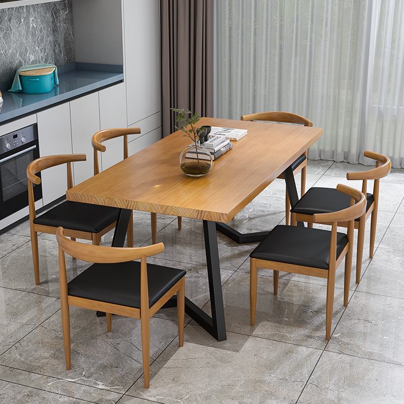 铁艺支架实木家用商用小户型长方形单桌客厅吃饭桌子牛角餐桌椅子