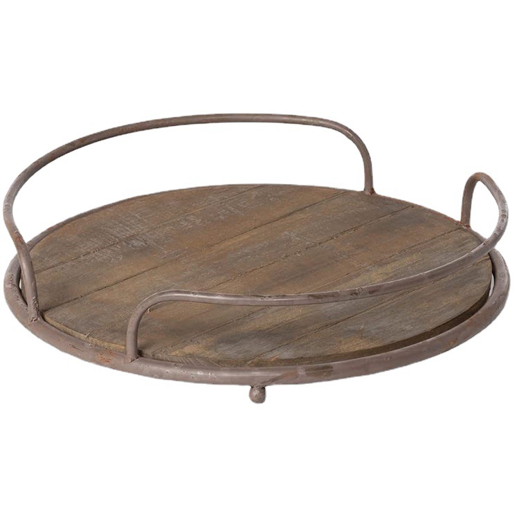 Retro Solid Wood round Tray Afternoon Tea Wooden Tray Dining Room Kitchen Storage Tidy Tray Living Room Storage Tray