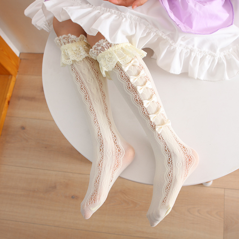 女童洛丽塔中筒袜子春夏季薄款蝴蝶结儿童女孩公主蕾丝花边长筒袜