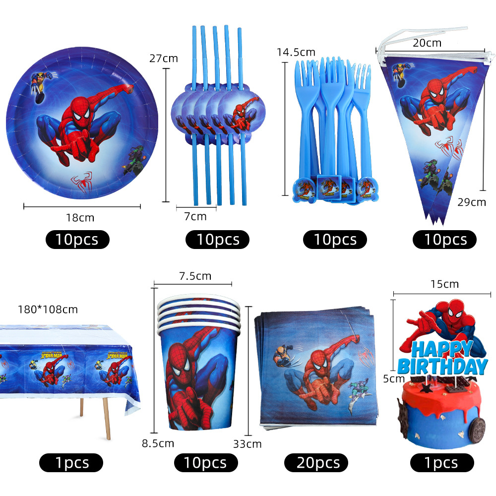Cross-Border Spot Spider-Man Theme Birthday Paper Pallet Paper Cup Tissue Knife, Fork and Spoon Party Decoration Tableware Supplies Set