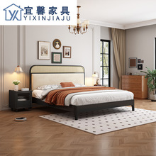 黑色实木双人床美式复古主卧室轻奢床现代简约波浪双人床一件代发