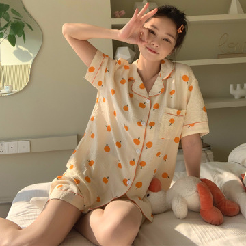 外贸夏季日系泡泡棉可爱橘子睡衣女开衫甜美可爱家居服 一件代发