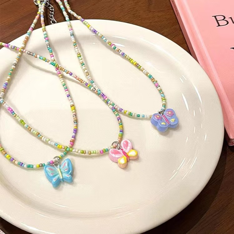 Chic Elegant ~ Colorful Beaded Butterfly Necklace Female Summer Sweet Elegant Accessories Clavicle Chain Tide