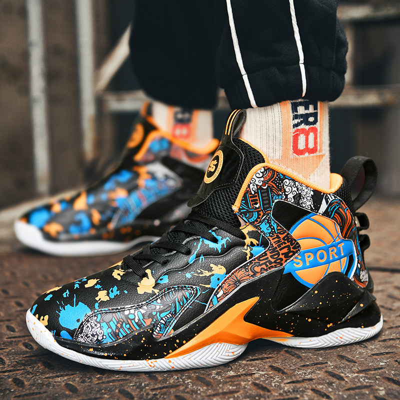 跨境大码篮球鞋休闲时尚涂鸦男鞋学生个性高帮鞋青少年实战运动鞋