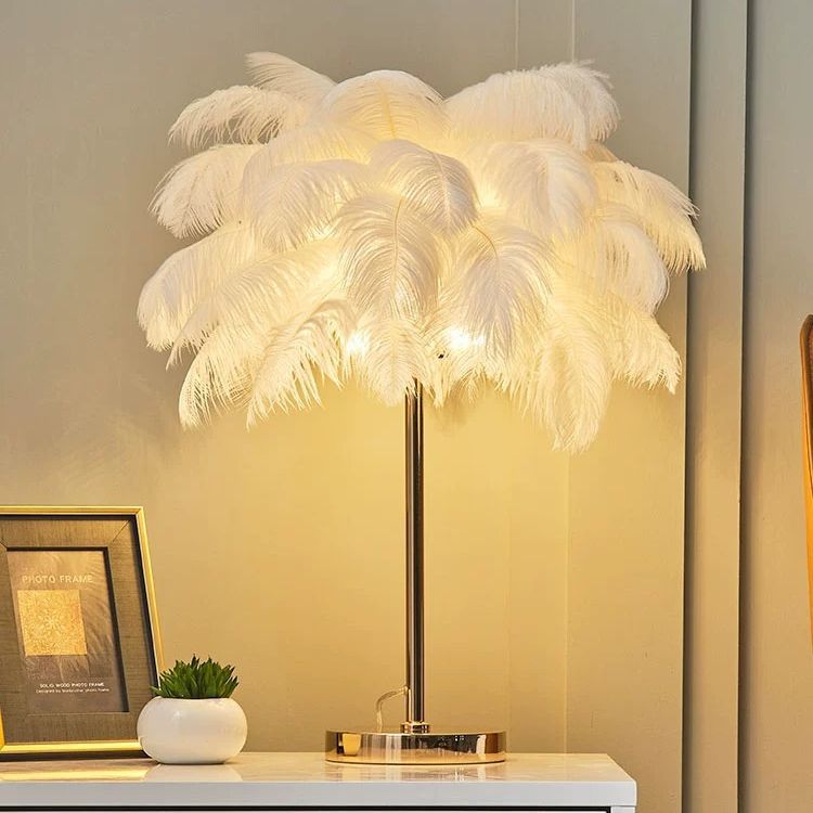 Feather Table Lamp Ins Girly Bedroom Bedside Lamp Nordic Remote Control Wedding Room Net Red Light Coconut Ostrich Feather Floor Lamp