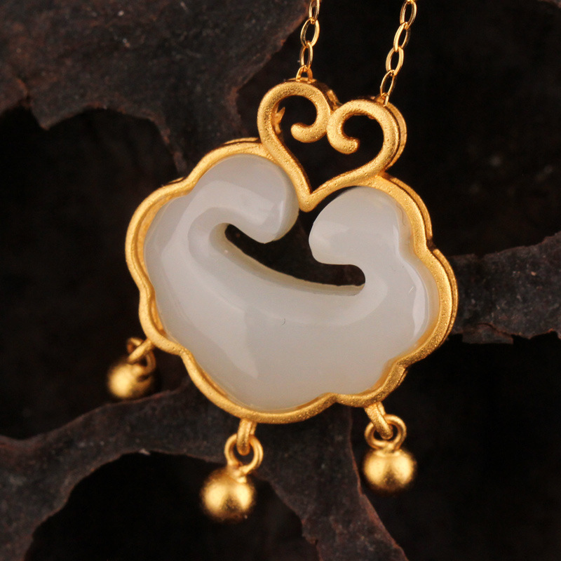 古法银同心锁长命百岁锁吊坠925银镀金镶和田玉挂件 直播会销礼品