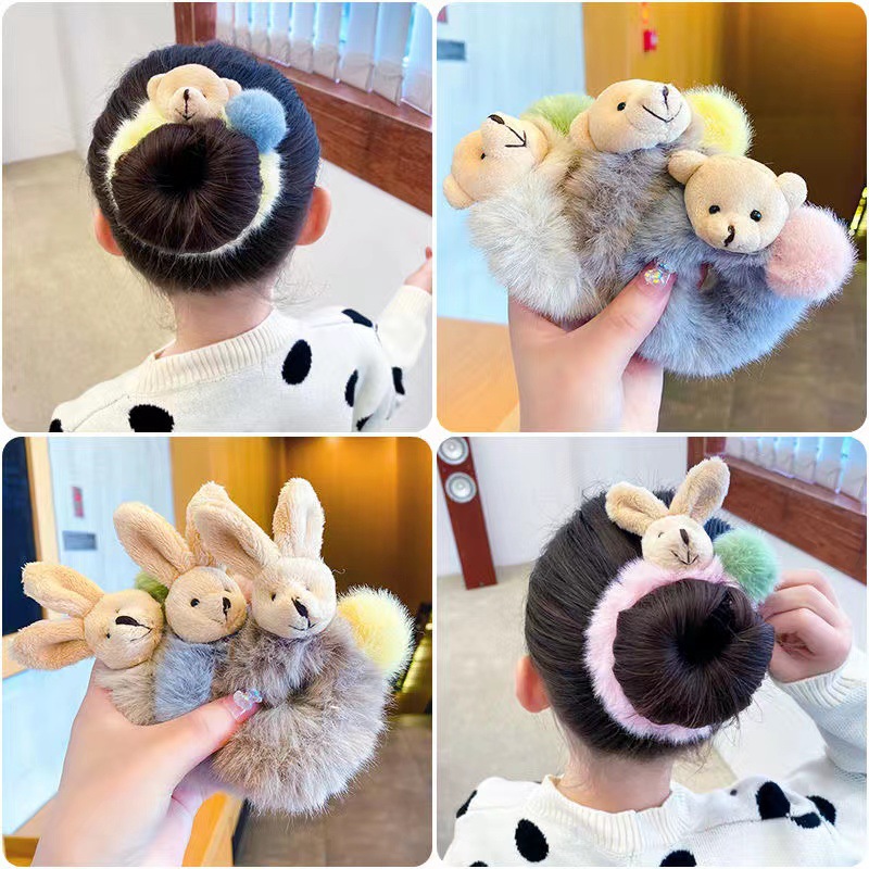 Children's Rabbit Ears Plush Hair Ring Autumn and Winter Bear Hair Elastic Band Hair Accessories Cute Little Girl Does Not Hurt Hair Rope