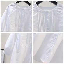 设计感褶皱白色棉衬衫女圆领分袖宽松休闲衬衣夏季韩版上衣