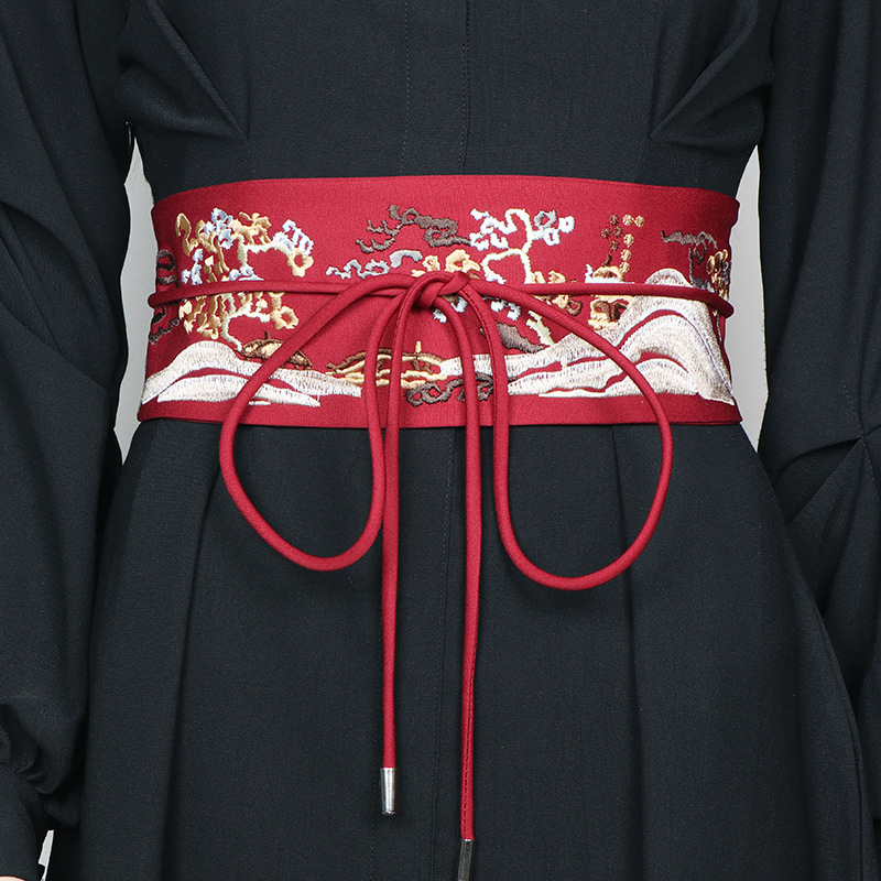 国潮刺绣绑带腰封女高级感中国民族风布艺宽腰带配裙子汉服连衣裙