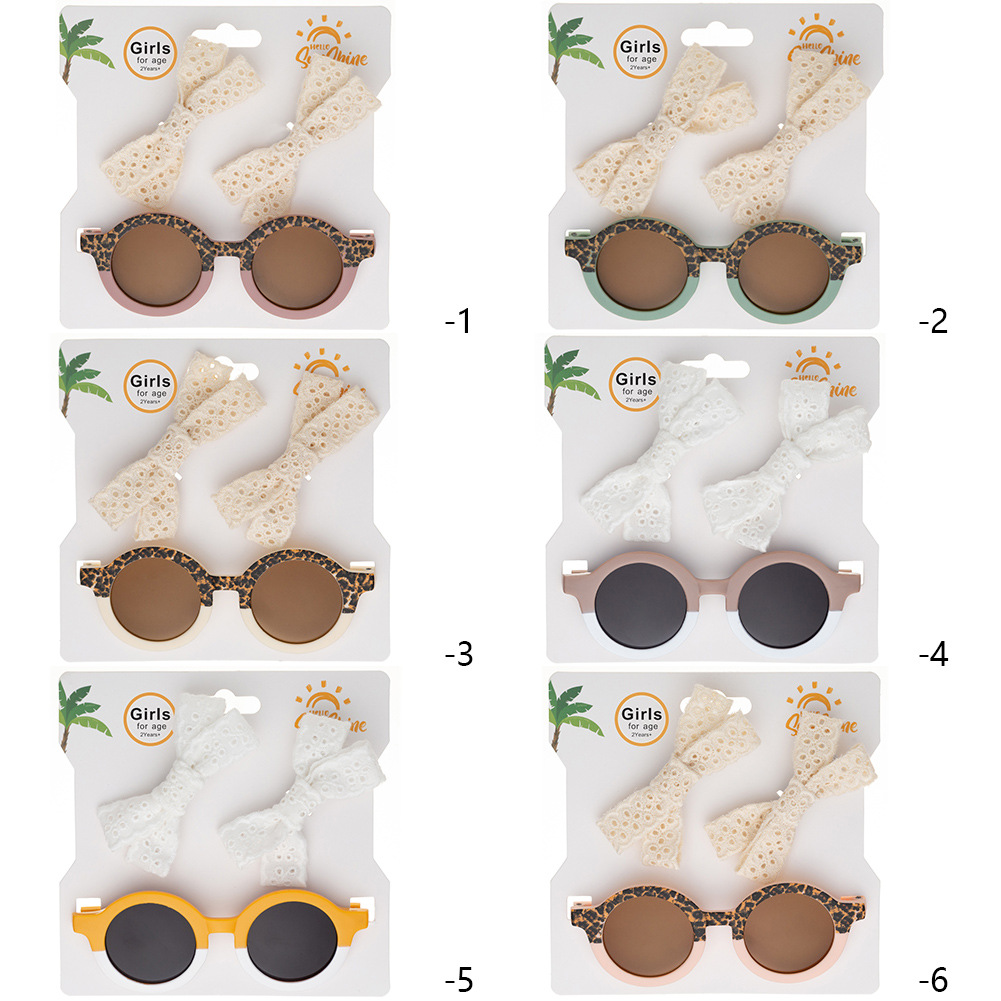 New European and American Children's Sunglasses Hair Accessories Set Fresh Lace Hairpin Baby Leopard Print Double Matching Sunglasses 3-Piece Set