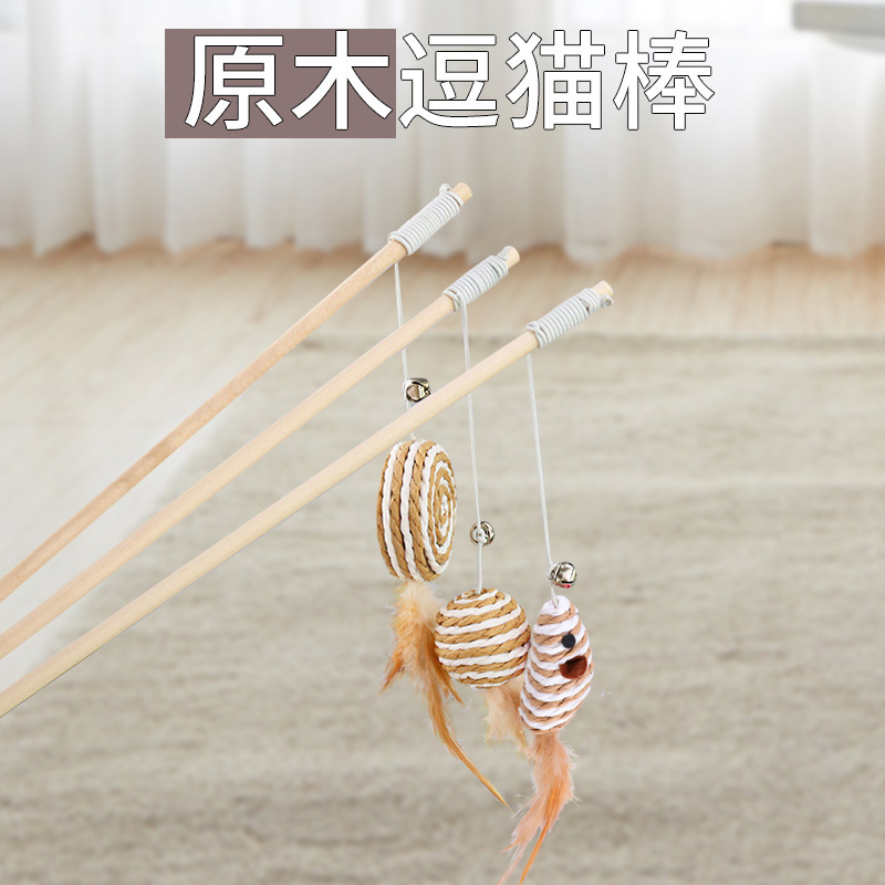 Wooden Pole Cat Teaser Feather Bell Woolen Yarn Ball Cat Toy Log Interactive Muppet Mouse Grinding Claw Funny Cat Supplies