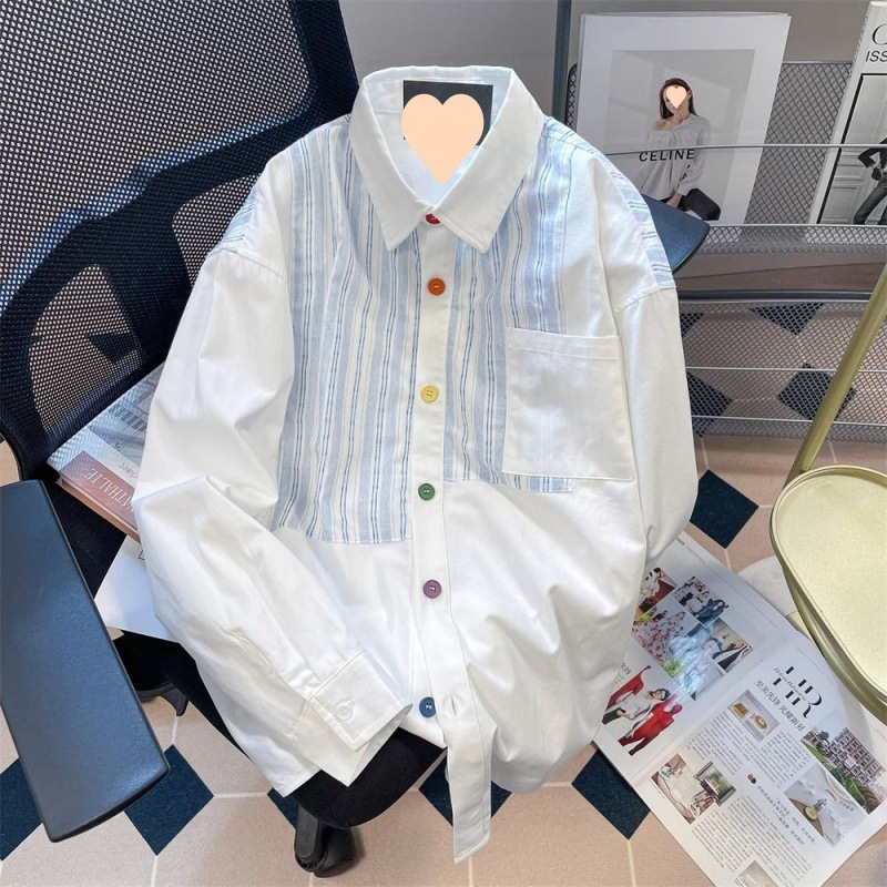 设计感高级小众彩色纽扣条纹衬衫女秋季情侣休闲港风外搭长袖上衣