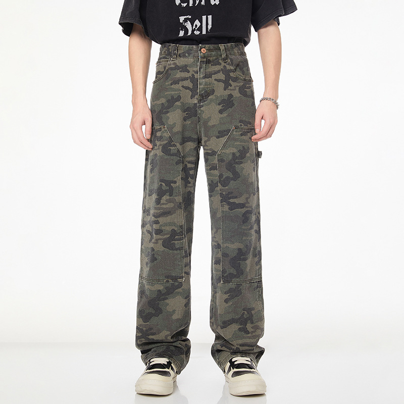 灵悦 春夏新款美式迷彩工装裤男重磅潮牌直筒宽松拖地伐木牛仔裤