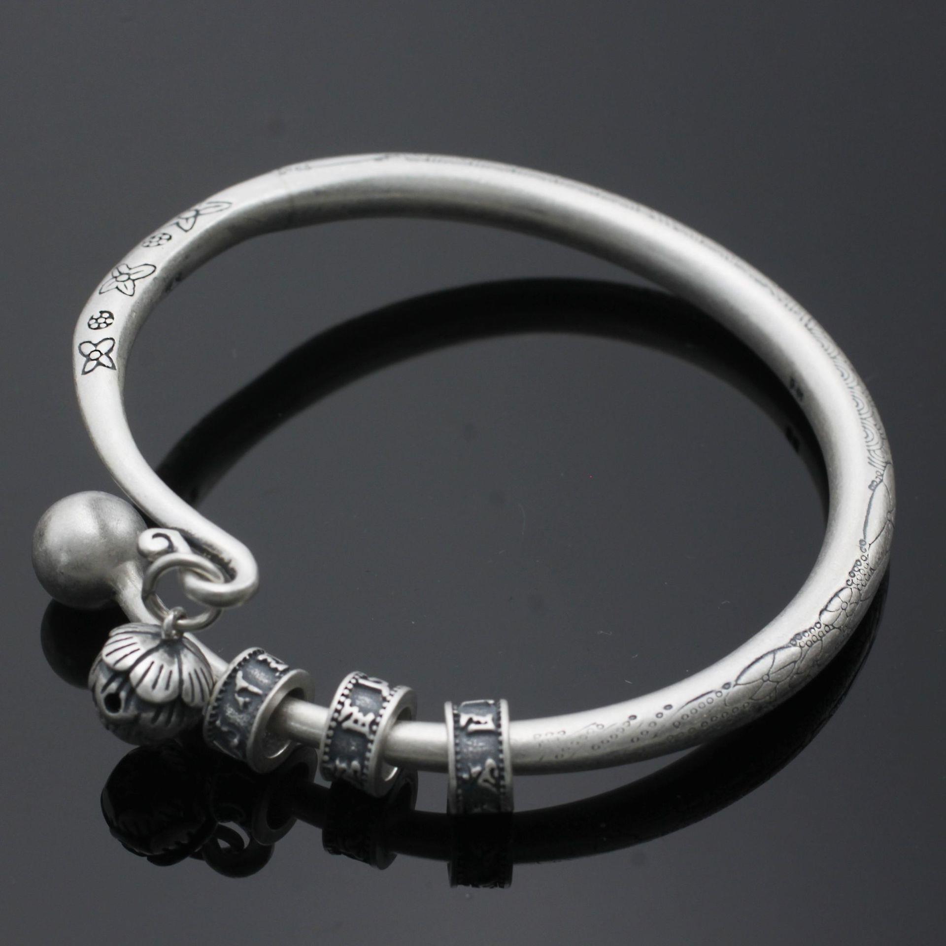 宝艺银饰 99足银路路通六字真言开口手镯 纯银女镯 开口可调节