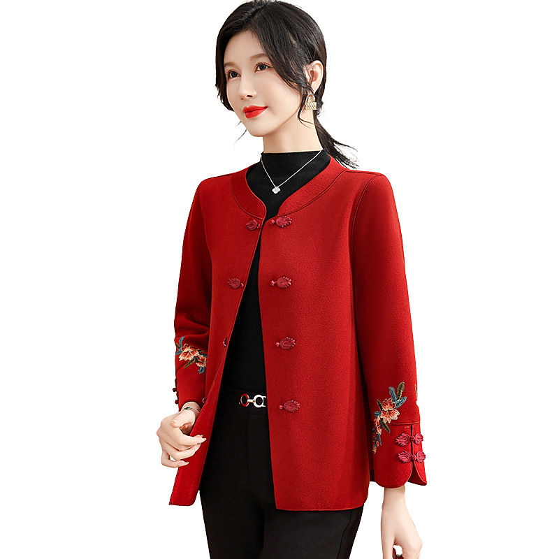 Red Festive Mother-in-Law Wear Middle-Aged and Elderly Wedding Party Mom Dress Spring and Autumn Double-Faced Woolen Goods Middle-Aged and Elderly Women Woolen Embroidery Top