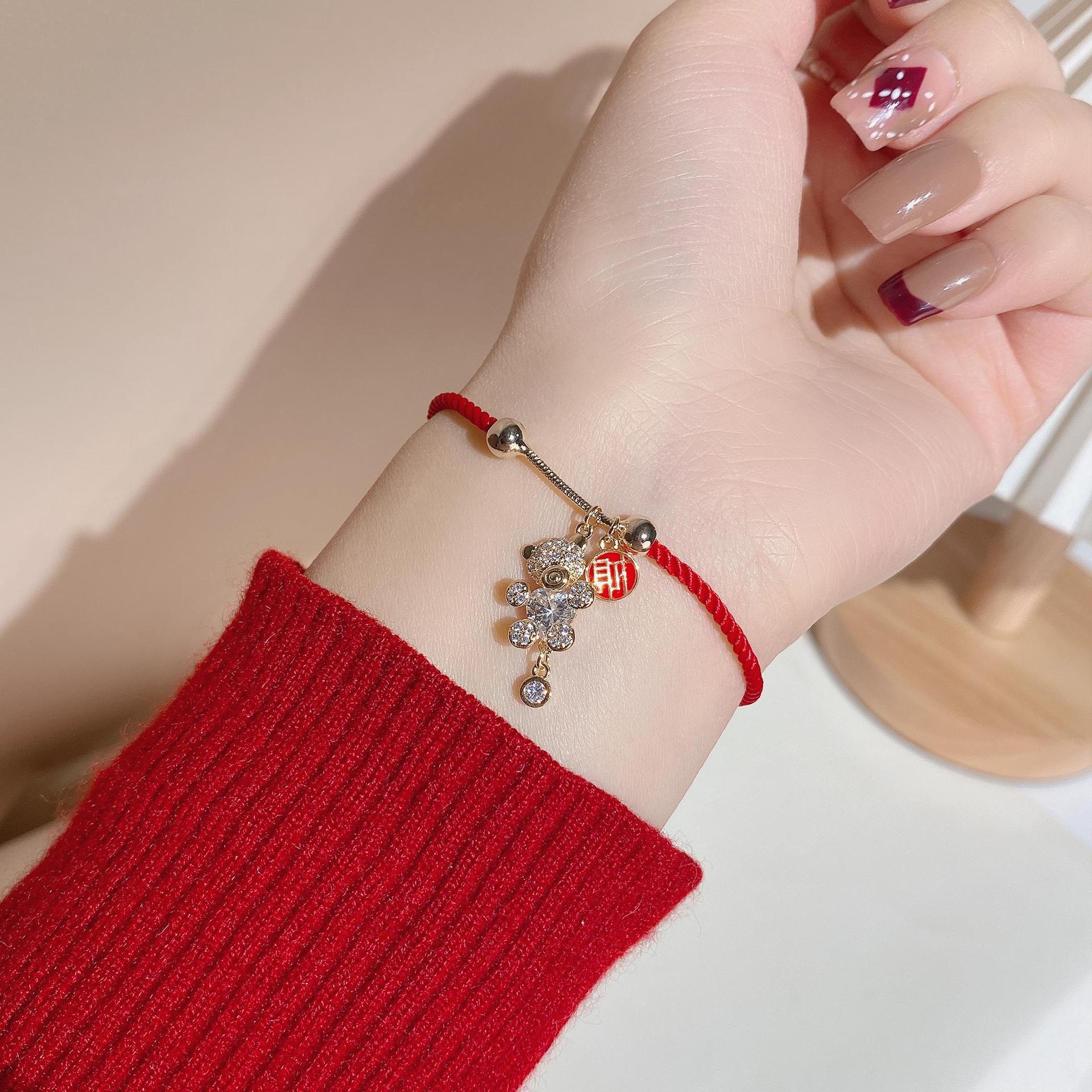 New Year Gift Zodiac Tiger Red Rope Bracelet Female Myanmar Natural Agate Cartoon Bear Bee Bracelet