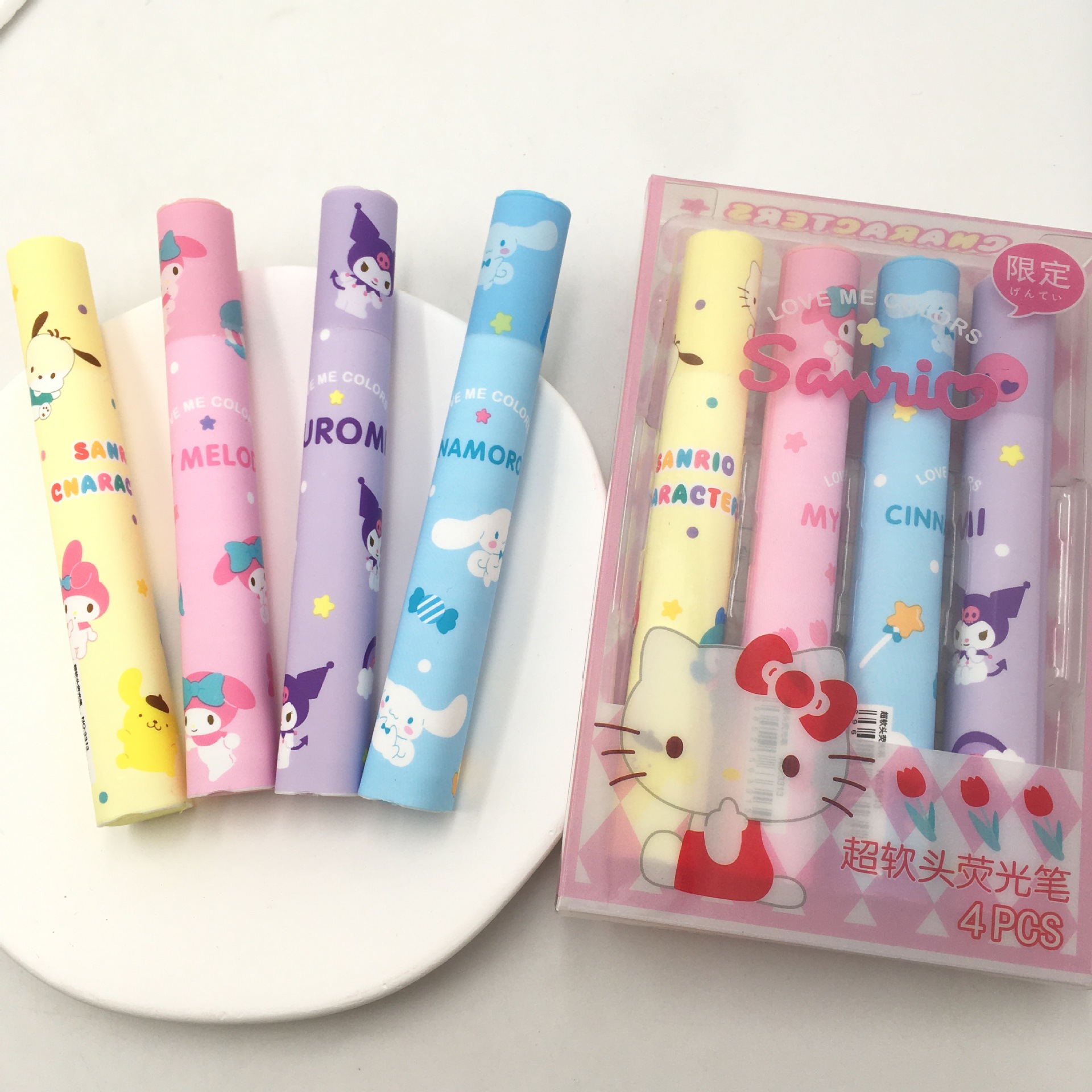 三丽鸥荧光笔库洛米美乐蒂布丁狗玉桂狗4色软头diy4色手账记号笔