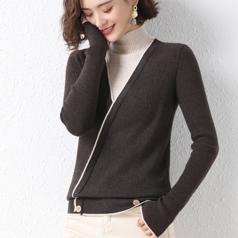 假两件毛衣女士高领2020年新款韩版洋气撞色针织打底衫秋冬装内搭