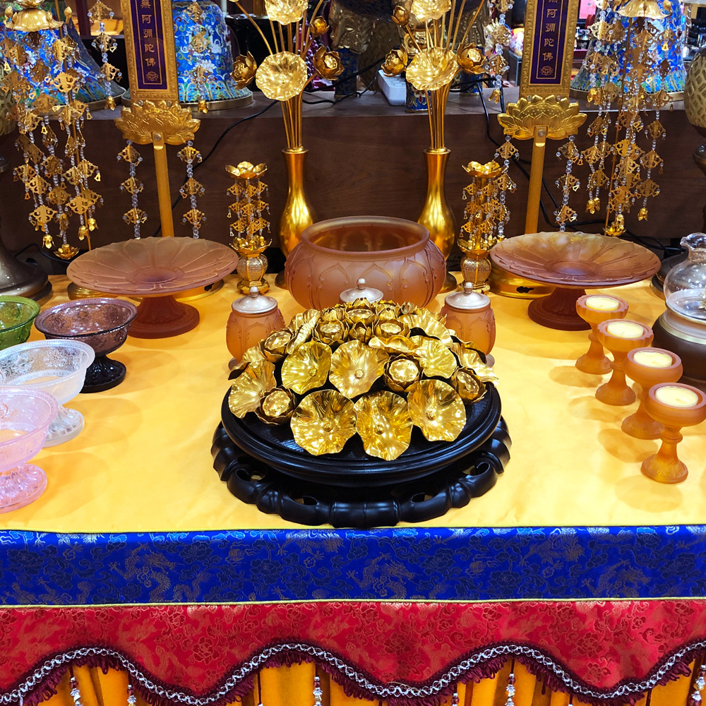 佛具用品佛堂供桌鎏金莲花仿真花束供佛花瓶荷花家居供佛盆花摆件